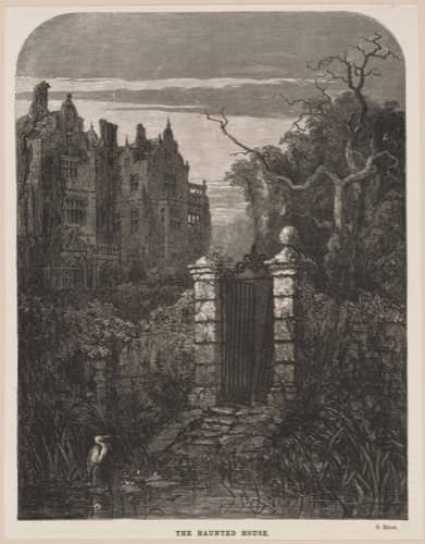An old stone gate in an overgrown garden, with a haunted house behind it. Old illustration.