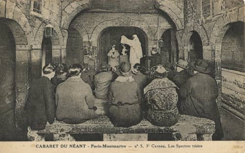 A horror show performed in the Montmartre district of Paris. Old postcard.
