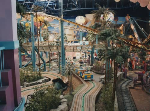 A bird's eye view of a small indoor theme park.