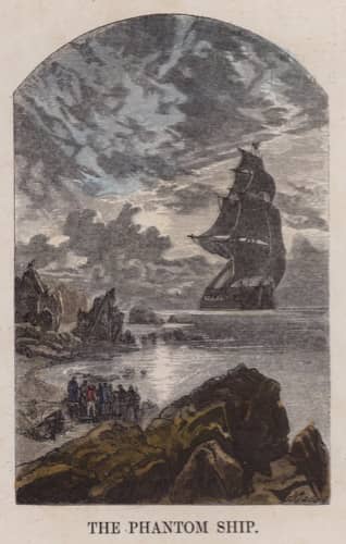 A black ghost ship on the horizon of a stormy scene. Old illustration.