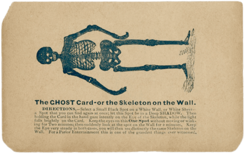 A black skeleton figure on a white background, creating an optical illusion. Old postcard.